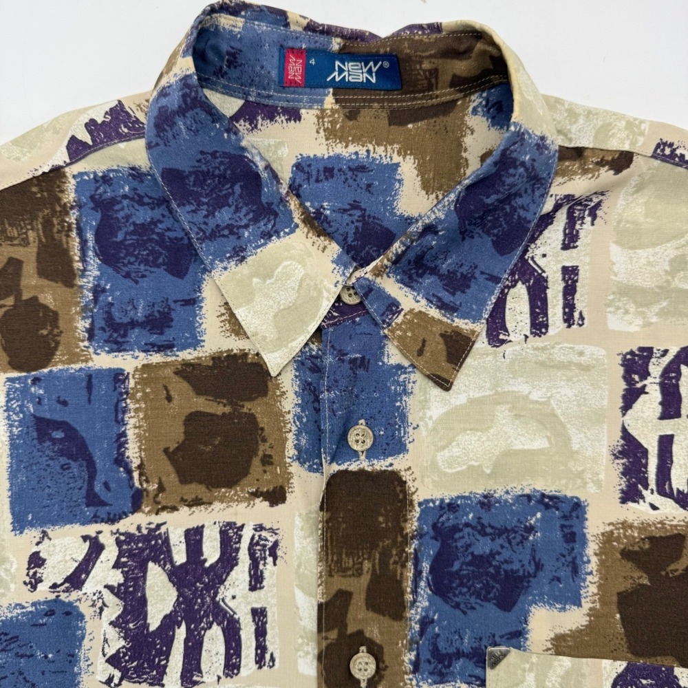 New Man Button Up Shirt Mens 4 Large Blue Brown Abstract Geometric‎ 90s Retro